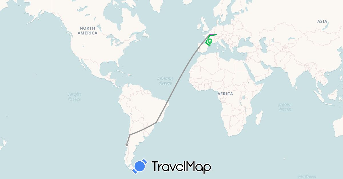 TravelMap itinerary: driving, bus, plane, train in Brazil, Chile, Spain, France (Europe, South America)